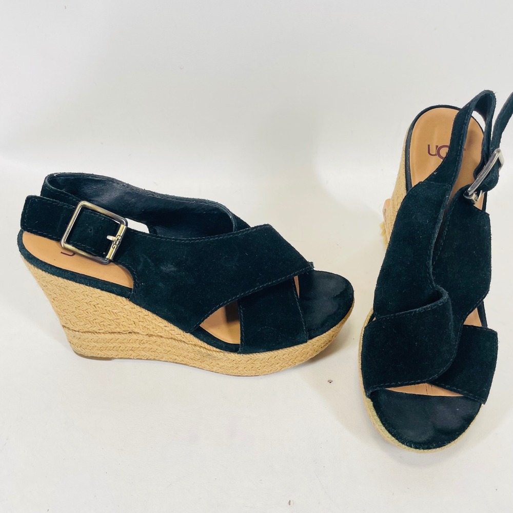 UGG Trina Black Suede Espadrille Wedge Sandals 1019902 Womens 7